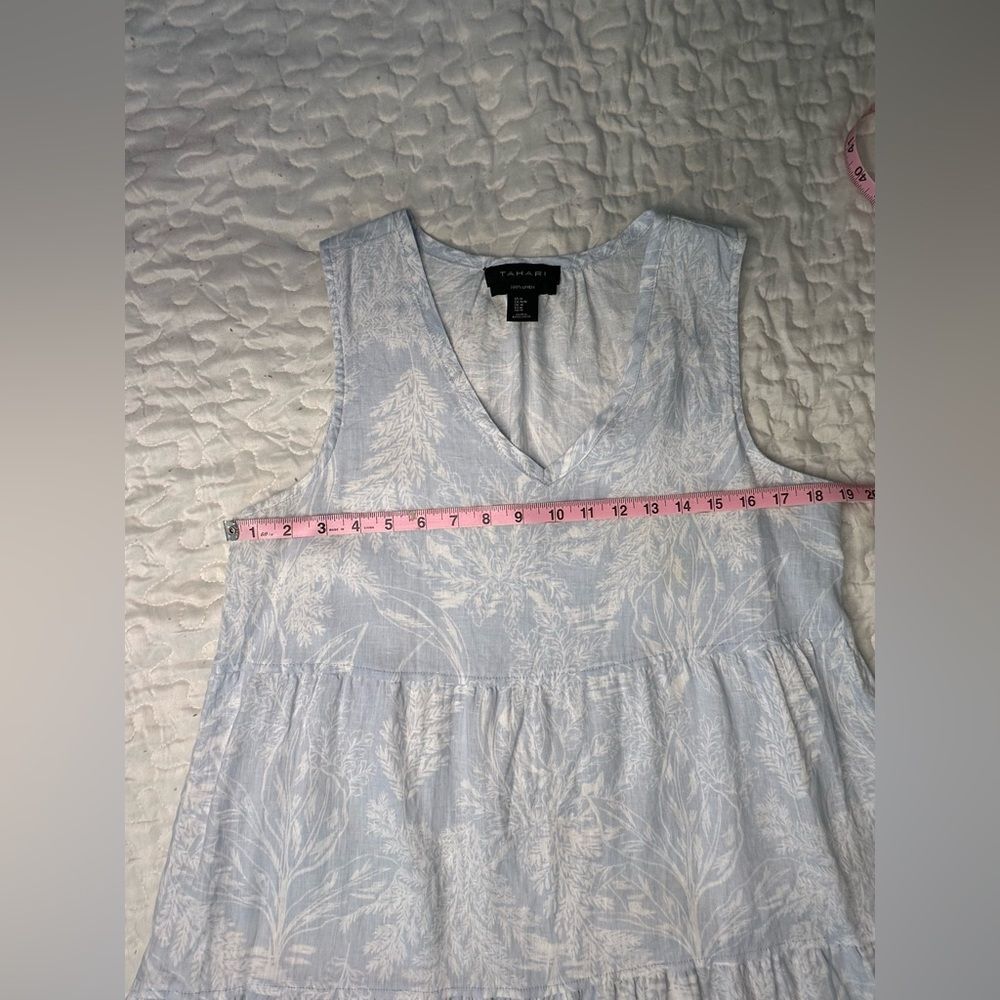Tahari Linen Tiered Mini Dress Blue White Botanical Print Sleeveless V-Neck Med - Picture 8 of 11